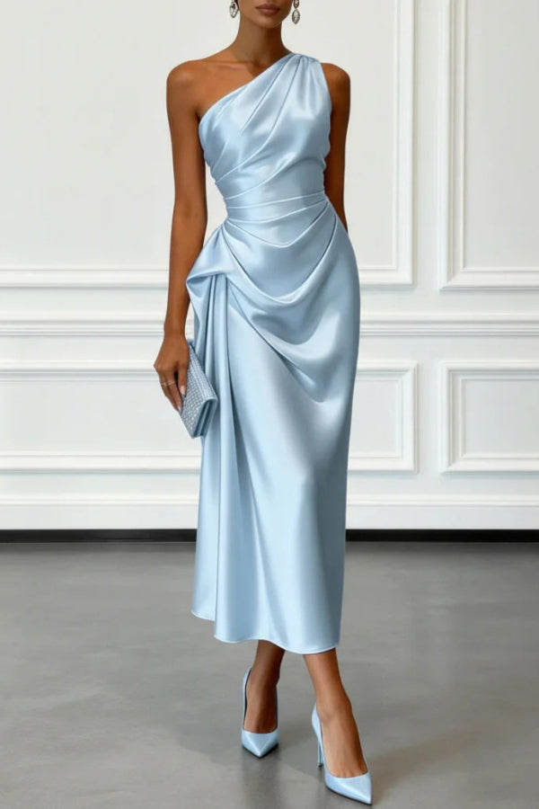 Satin One-shoulder Pleated Waist Elegant Midi Dress