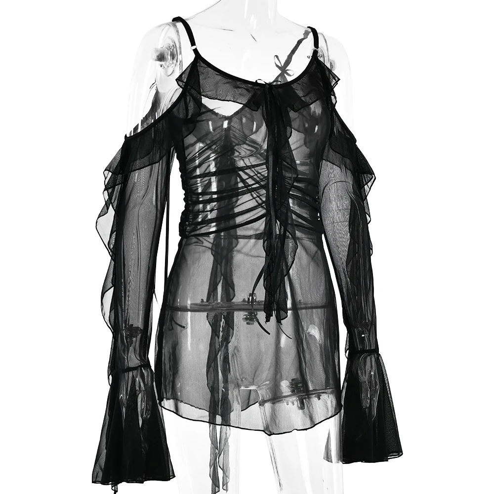 JULISSA MO Sexy See Through Mesh Women Dress Black Long Sleeve Spaghetti Strap Dress Female Summer Skinny Elegant Beachwear 2025