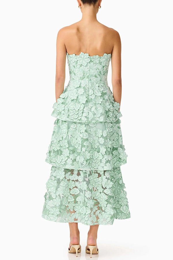 Cocktail Events 3D Embroidery Floral Detail Off Shoulder Tiered Hem Maxi Dress