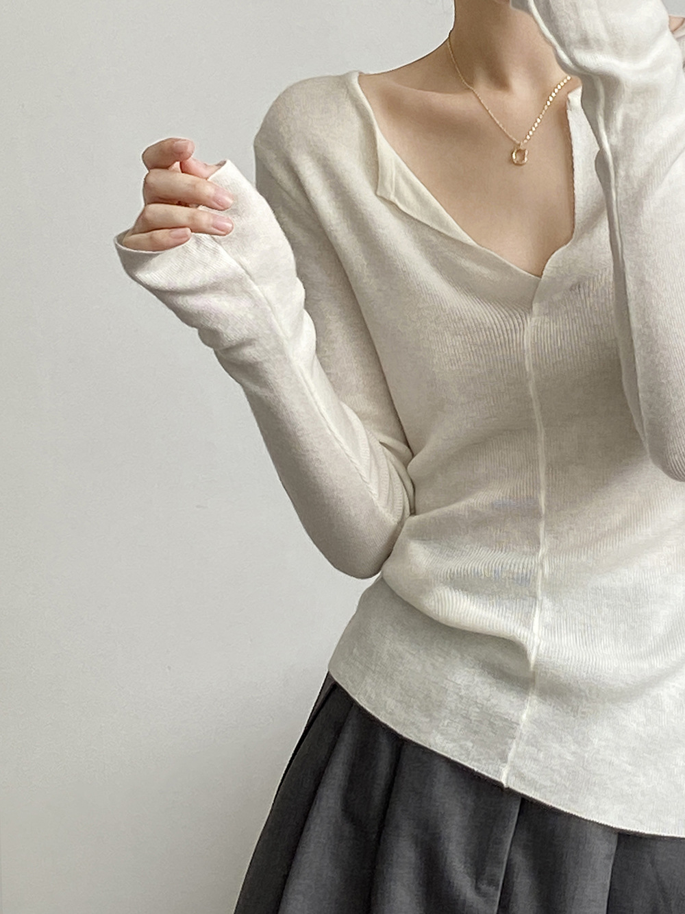 French V Neck Open Sweater Spring Inner Wear Elegant Slim Fit Long Sleeve Top