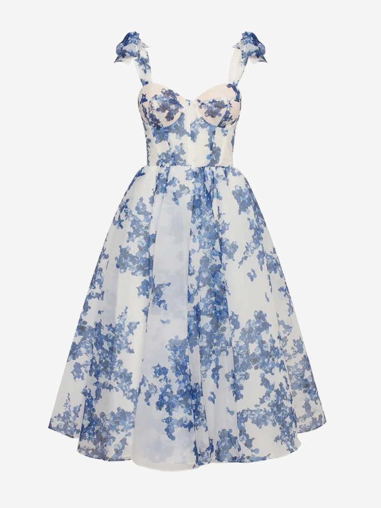 Light Sky Blue Corset Dress Tie Strap Floral A-Line Elegant Party Prom Midi Dresses