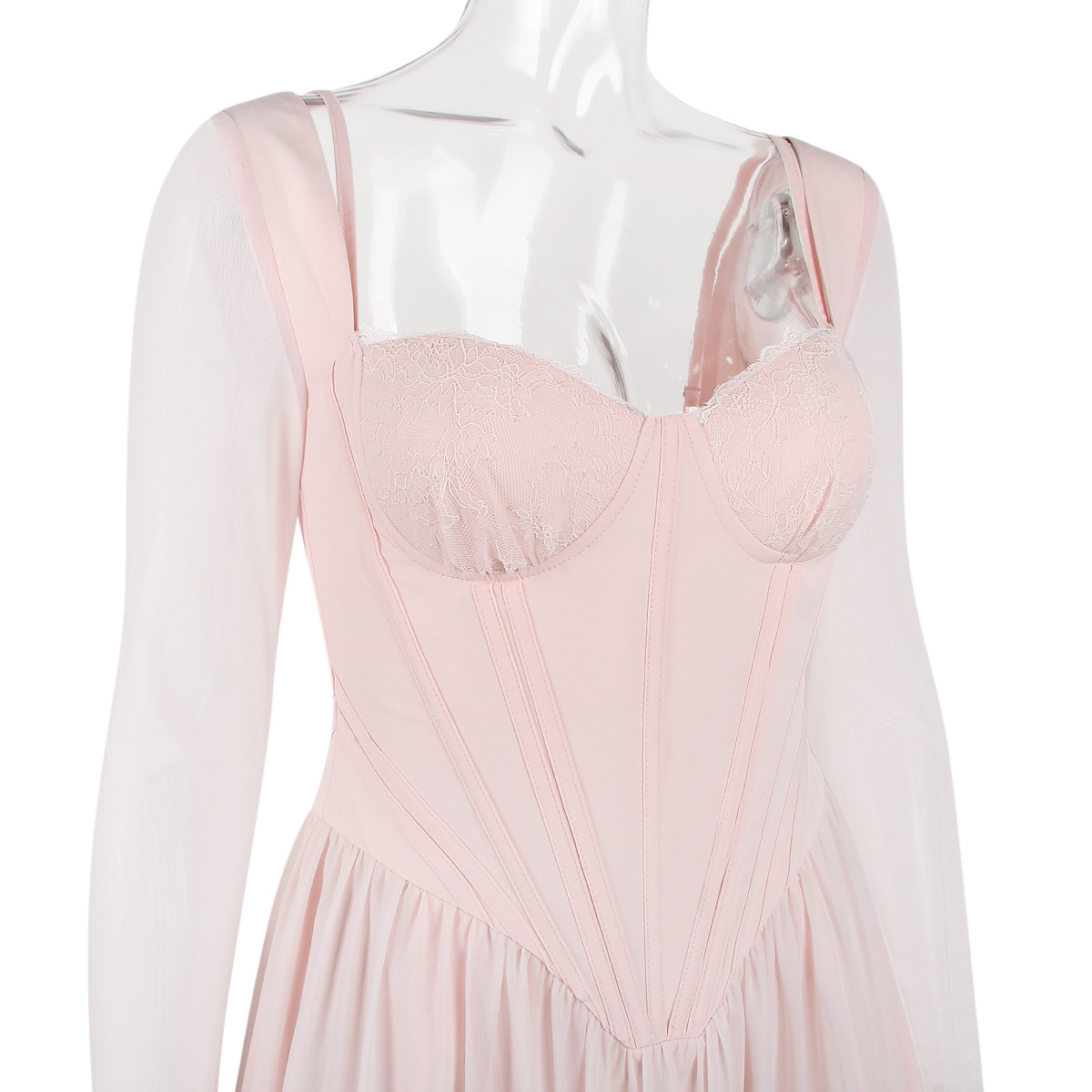 Women Clothing Mesh Long Sleeve Lace Stitching Boning Corset French Dress Barbie Cos Pink