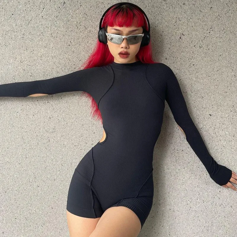 Summer Fashion Slim Solid Colour Playsuit One Piece Casual Round Neck Sleeveless Women's Sexy Hollow Splicing Women Clothing