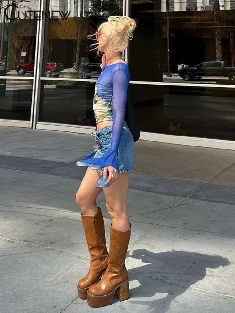 Mesh Women Tops Butterfly Printed Fashion Incline Shoulder Ribbons Sheer Thin Fitness T-shirts Female Summer Street Tees