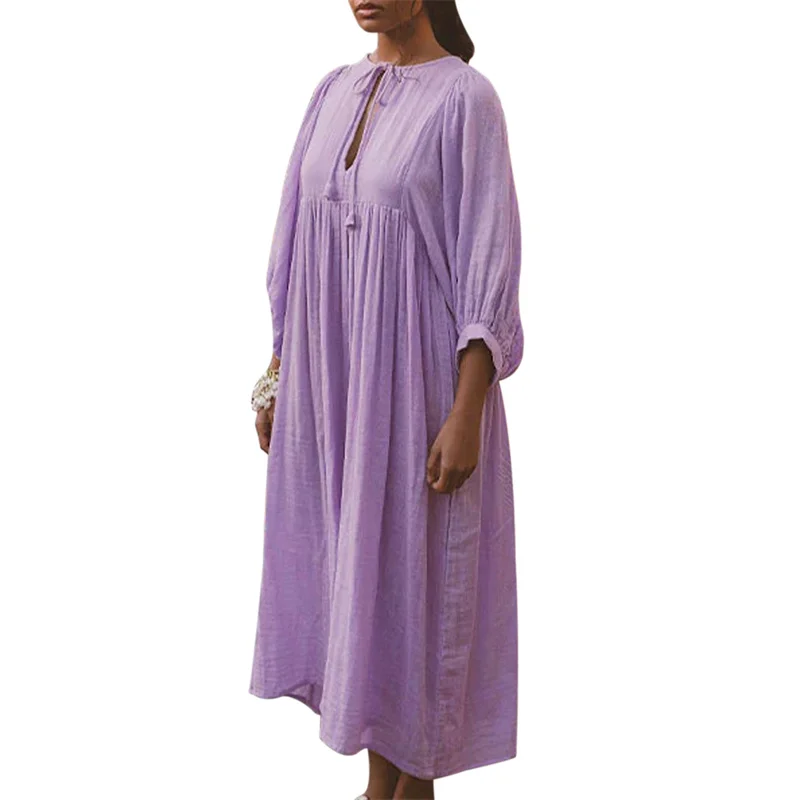 Beach Party Dress Women Summer Solid Color Round Neck Tie Front Puff 3/4 Sleeve Loose Midi Dress Vacation Dresses