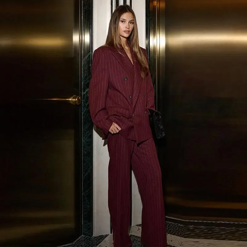 Striped Pant 2 Piece Set Women Double-breasted Full Sleeve Blazer Wide Leg Zipper Long Trousers Female 2025 Lady Commute Outfits