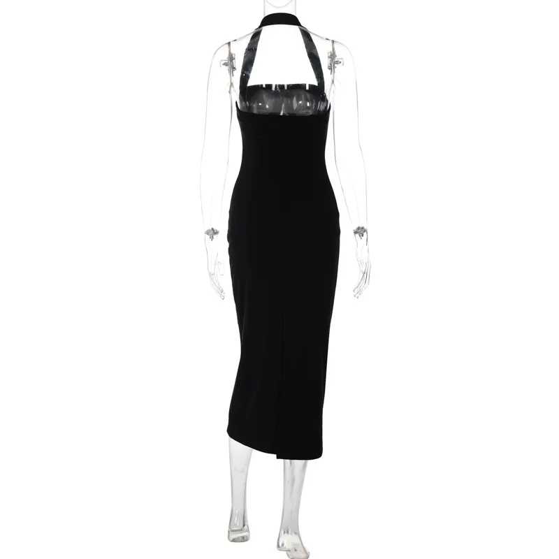 One-Shoulder Bodycon Black Evening Dress For Women Sexy Backless Sleeveless Neck-Mounted Long Party Dress Female Elegant