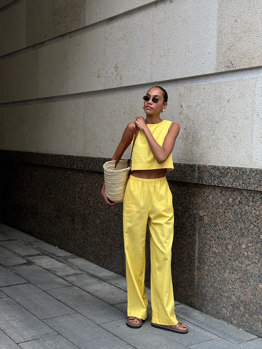 Summer Fashion 2 Piece-Set Women's Pants Sleeveless Cropped Vest Top And Wide Leg Trousers Sets Female Outfits Trousers