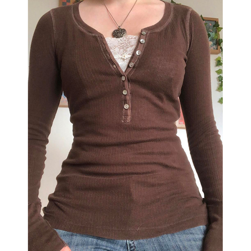 y2k Fairy Grunge Tops Women Button Lace Patchwork Long Sleve T Shirt Autumn Basic Pullovers Retro Aesthetic Clothes