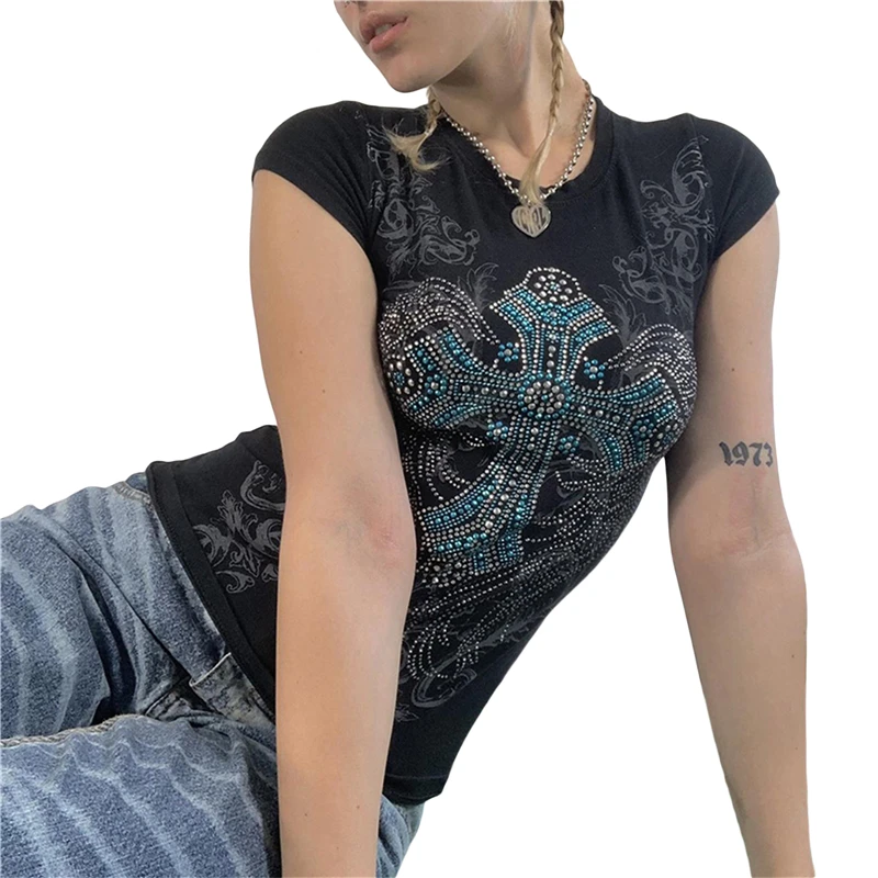 Rhinestone T Shirt y2k Aesthetic Fairy Grunge Cross Wings Pattern Short Sleeve Tops Casual Graphic Tee 2000s Streetwear