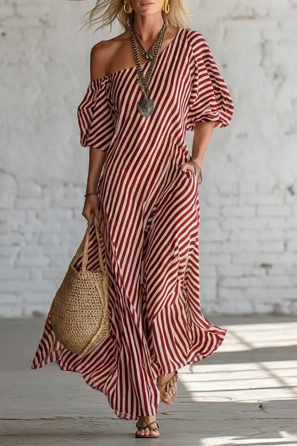 Fashionable Striped Print Slash Neck Puff Sleeve Casual Maxi Dress