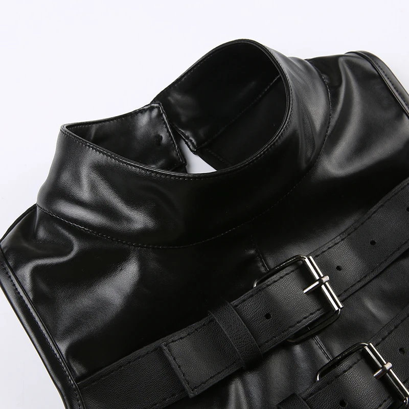 Punk High Street Women Tank Top Leather Buckle Up Sleeveless Zipper Patchwork Crop Vest Tee Hip Hop Club Lady Camis