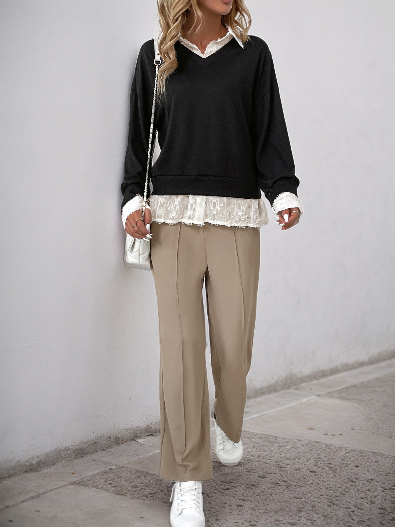 Autumn Casual Top Collared Patchwork False Two Piece Sweatshirt Women