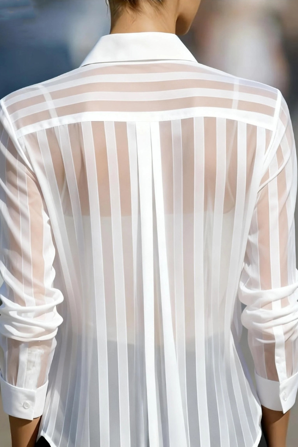 Stylish Sheer Striped Collared Long-sleeved Loose Casual Shirt