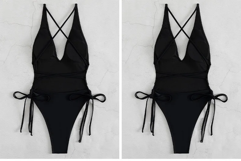Solid V-neck One Piece Swimsuit for Women Sexy Cross Bandage Swimwear Backless Bathing Suit New Monokini