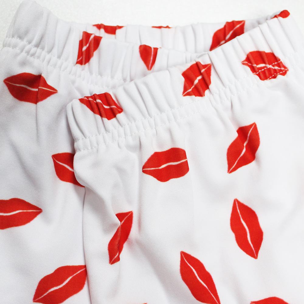 Women Clothing Summer Lace Color Matching Short-Sleeved T-shirt Women Lip Printings Slim Two-Piece Set Romper