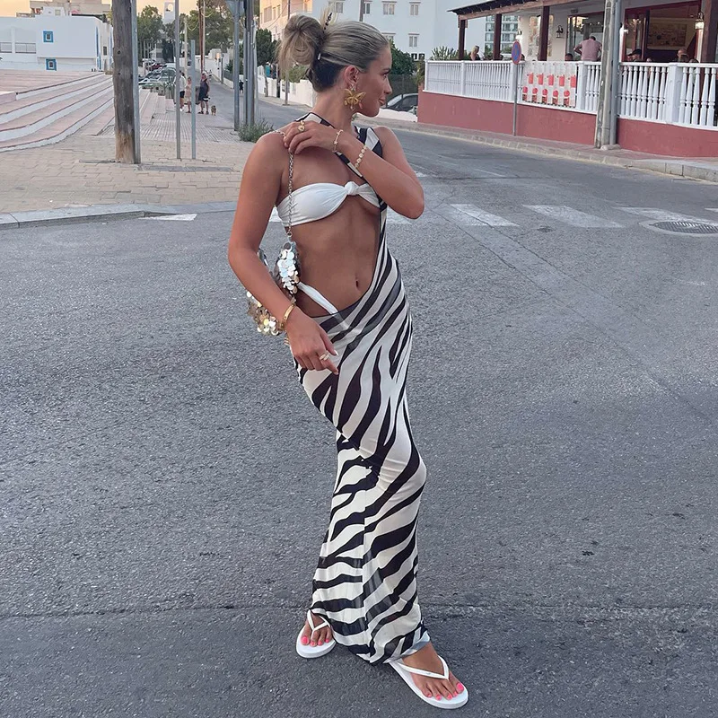 Bodycon Long Dresses For Women Beach Style Backless Vestidos De Mujer Hollow Out Sexy Robe Femme _t�� Y2k Clothes Zebra Print
