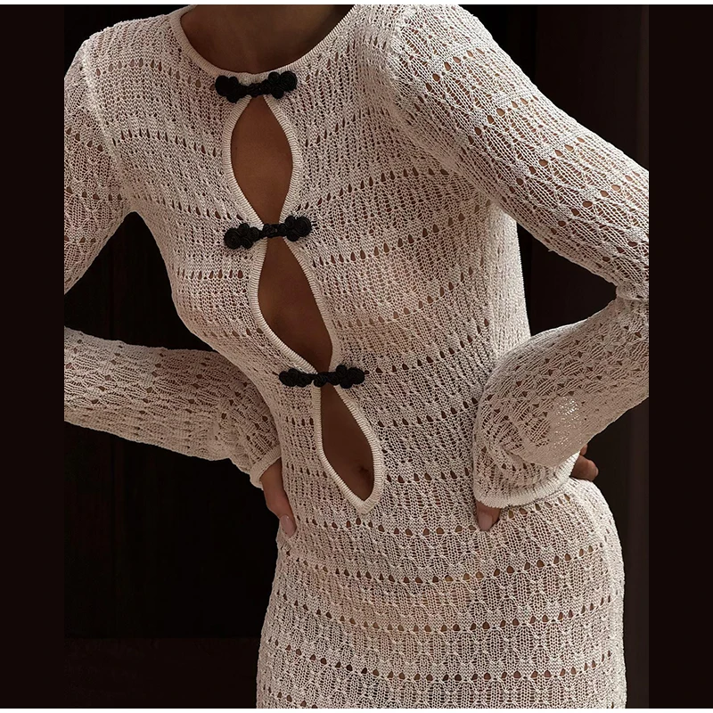 Sexy Hollow Out Knitted Maxi Dress Women Long Sleeve O-neck White Black Holiday Dresses Female 2025 Summer Lady Slim Fit Robes