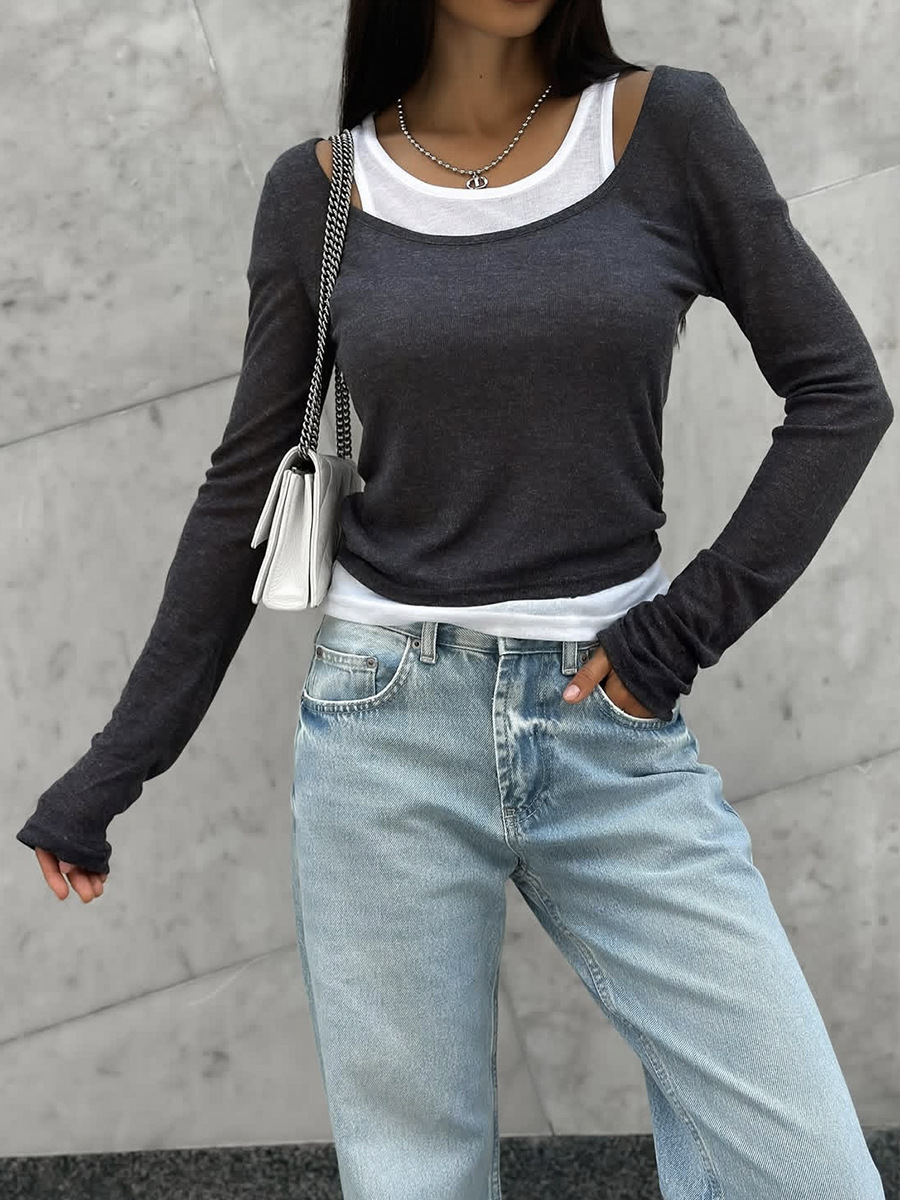 Retro Contrast Colors False Two Piece Long Sleeved T shirt for Women Spring Autumn Slimming Modal Bandage Dress Bottoming Top