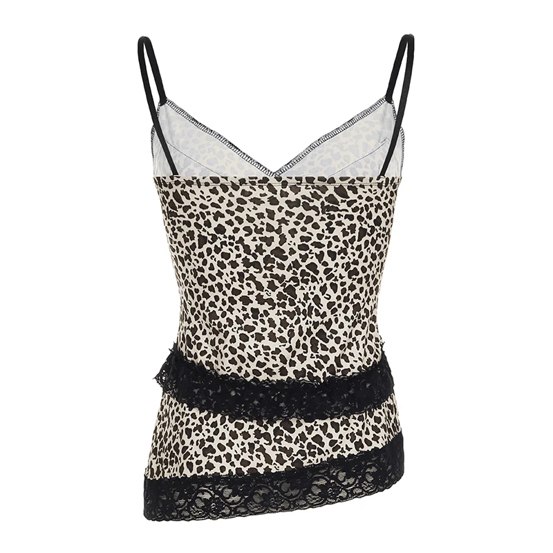 Y2K Streetwear Leopard Lace Patchwork Camis Top Gothic Style V-neck Bow Trim Tank Tops Fashion Aesthetic Vest Girls