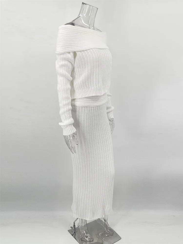 Knitted Skirt 2 Piece Set Women's One-Shoulder Long Sleeves Sweater Pullover Elegant Slim Fit Long Skirt Suit Autumn New