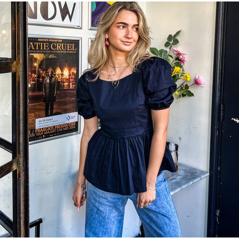 Vintage Lace Up Puffy Sleeve Shirts Women Elegant Solid Backless Square Collar Shirt Female Summer Sweet Fashion Street Tops