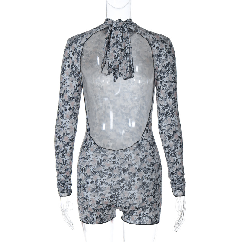 Women Wear Winter Pattern Print Sexy Backless Slim Fit Lace up Jumpsuit