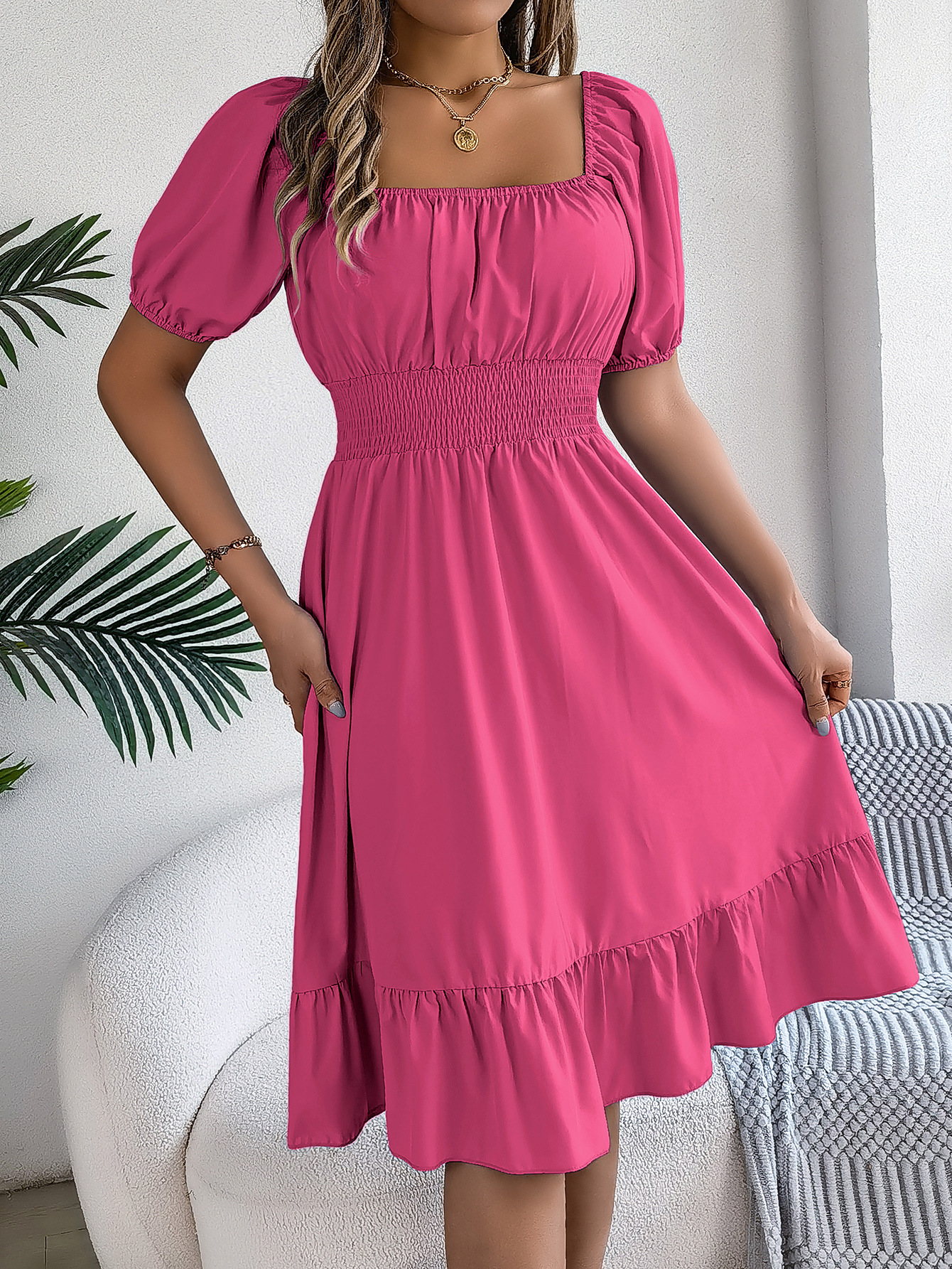 Spring Summer Casual Square Collar Short Sleeve Waist Trimming Ruffles A line Dress Women Clothing