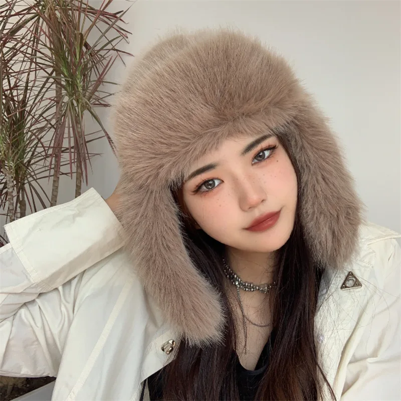 Winter Women Fluffy Furry Faux Fox Fur Bomber Hats Flaps Luxury Vintage Y2k Girls Warm Earflap Snow Ski Hat Caps Russian
