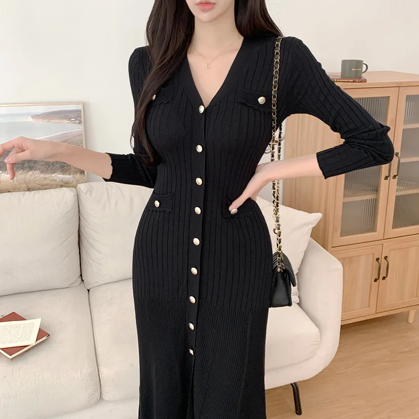 Korean Chic Knitted Dresses for Women V-neck Long Sleeve Slim Bodycon Ruffles Party Dress Casual Autumn Winter New Vestidos