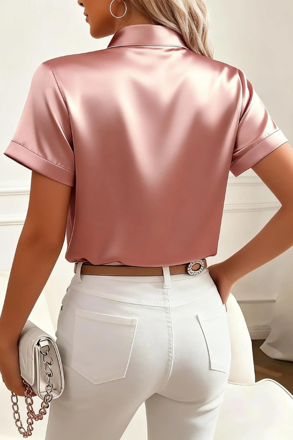 Solid Color Satin Collared Short-sleeved Tie Bow Casual Shirt