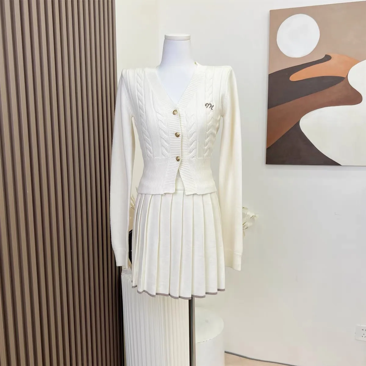 Autumn Knitted Two Piece Skirt Set Women Long Sleeve Single Breasted V-neck Top Mini Pleated Skirt Korean Chic Female Outfit New