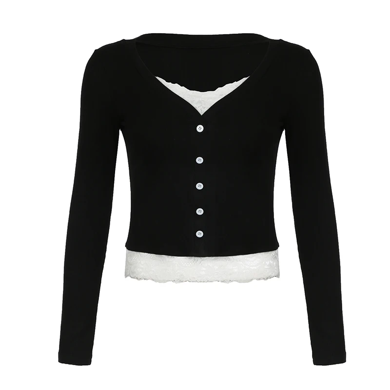 Y2K Contrast Lace Slim Top Autumn Cute Long Sleeve Buttons T-shirt Knitted Casual Outfits Sweet Korean Tee Streetwear