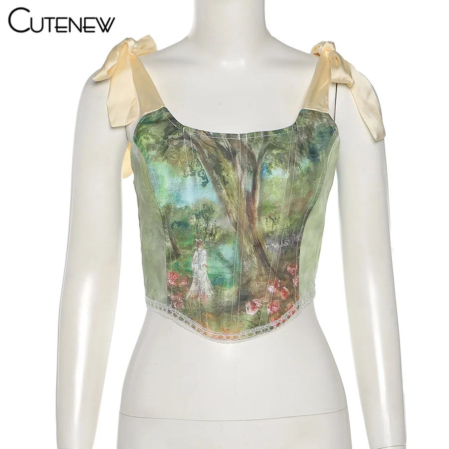 Y2K Vintage Aesthetic Printing Crop Tops Women's Clothes Summer Sexy Bandage Tank Top Skinny Clubwear Camisole Hot Deals