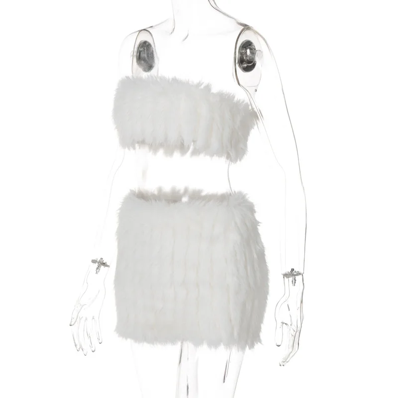 Splice Feather Skirt 2 Piece Sets Womens Outfits Sexy Off Shoulder Strapless Tube Tops 2025 New Warm Skirts Sets Women