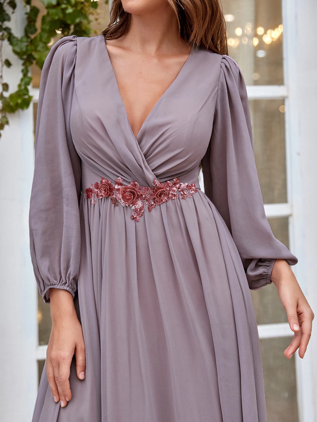 V-neck long sleeve beaded print extra long chiffon Dress Evening gown Ball dress Party dress Bridesmaid dress