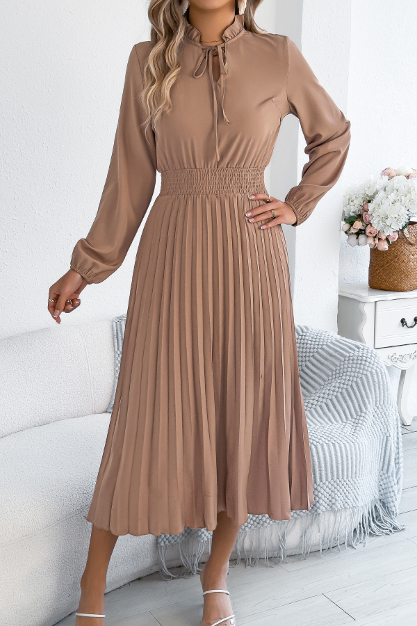 Solid Color Long-sleeved Fitted Waist Pleated Elegant Midi Dress
