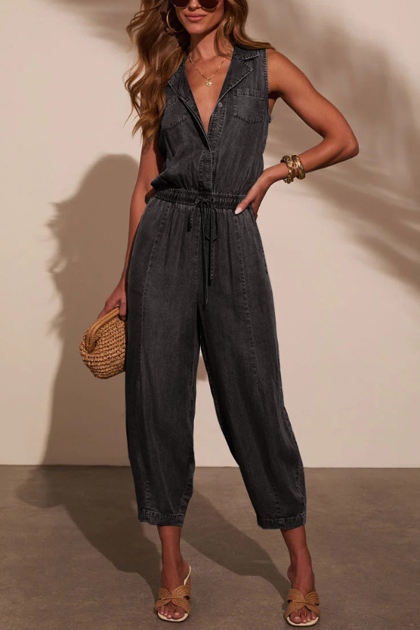 Stylish Collared Sleeveless Elastic Waist Tie Casual Pocket Denim Jumpsuit