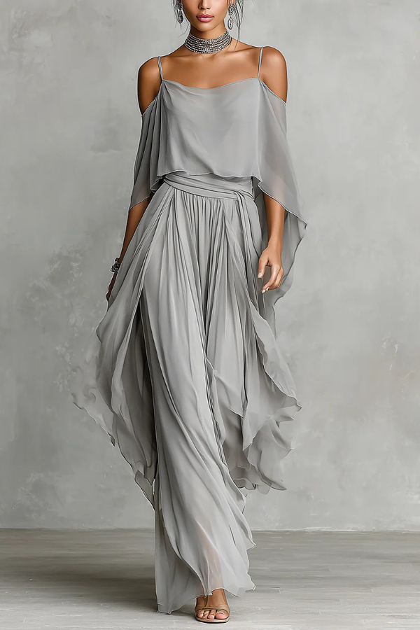Solid Color Chiffon Off-shoulder Camisole Top and Casual Wide-leg Pants Set