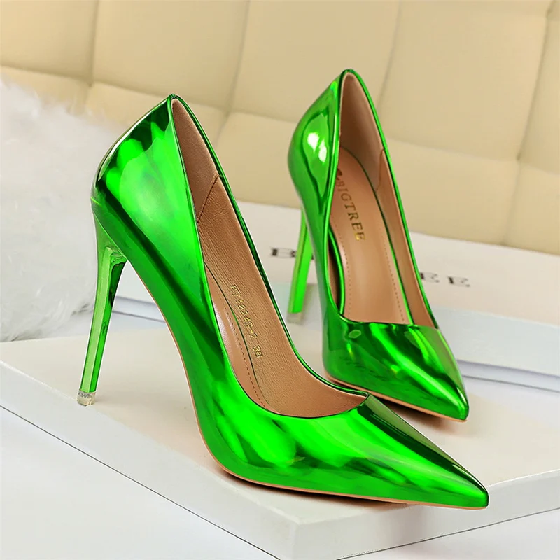 Women 10.5cm High Heels Blue Green Valentine Pumps Luxury Glossy Stripper Stiletto Wedding Bridal Fetish Shoes Plus Size 43