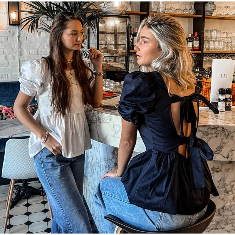 Vintage Lace Up Puffy Sleeve Shirts Women Elegant Solid Backless Square Collar Shirt Female Summer Sweet Fashion Street Tops