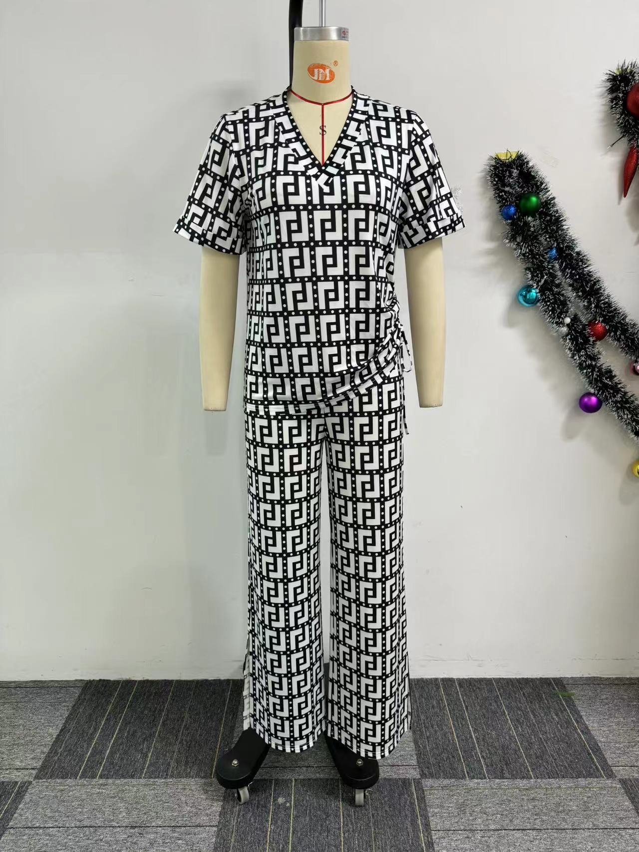 Women Printed V neck Pleating Wide Leg Pants Two Piece Set