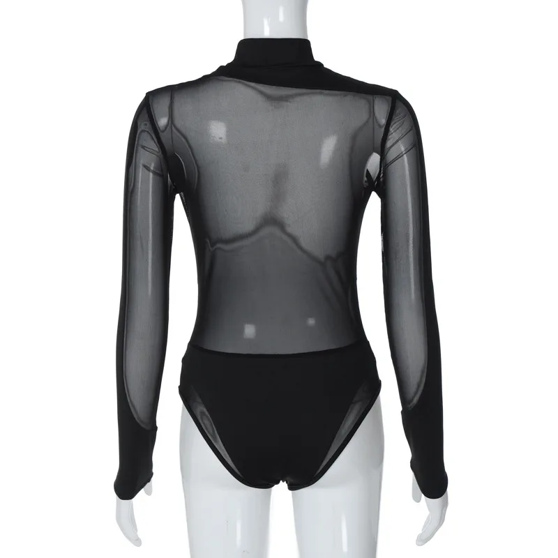 Patchwork Sexy Bodysuit Lingerie See Through Body Feminino Long Sleeve Tops Women One-Pieces Rave Outfit Lenceria Tranparente