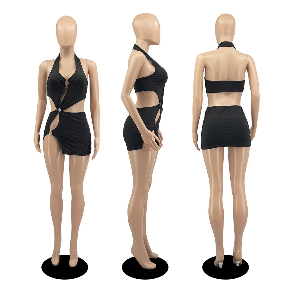 European and American women's Y2K milk silk solid color short skirt sexy sleeveless hollow out dress