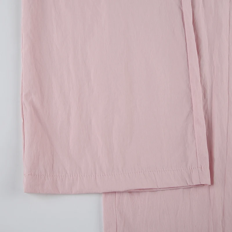 Pink Solid Loose Casual Woven Straight Leg Pants Women Drawstring Low Waist Y2K Baggy Jogging Trousers