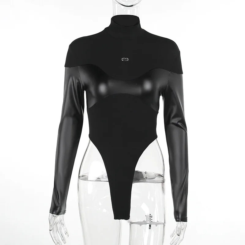 Long Sleeve Bodycon Lenceria Femenina Turtleneck Lingerie Sexy Body Feminino Black Tops Women PU Patchwork One-Pieces Bodysuit