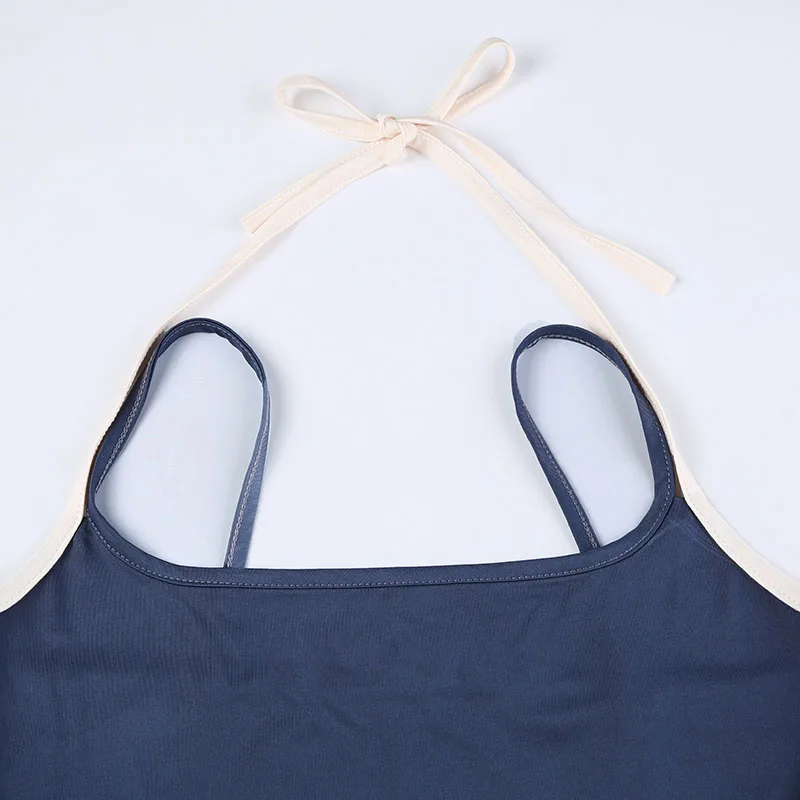 Contrast Patchwork Halter Lace-Up Camisole Crop Top Women Basic Casual Streetwear