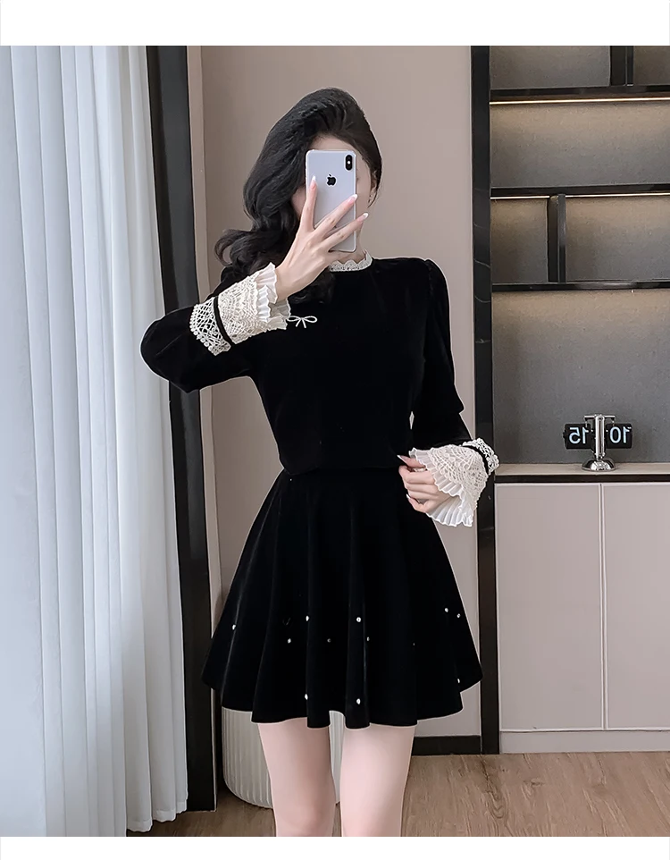 Autumn Elegant Velvet Two-piece Skirt Set Women Long Sleeve Lace Patchwork Crop Top Mini Skirt Korean Fashion Y2K Chic Outfits