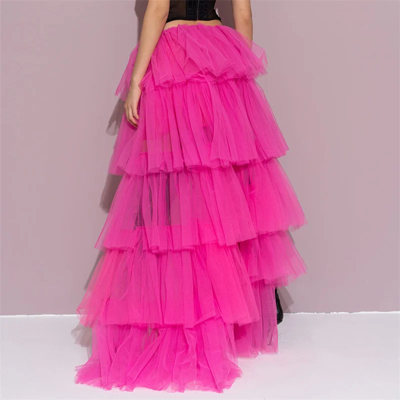 Tulle Skirts Women y2k Solid Color Elastic High Waist Asymmetrical Hem Long Skirts Summer Evening Party Skirt Clubwear