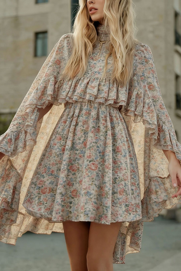 Solid Color Loose Stand Collar Ruffled Top and V-neck Camisole Fitted Waist Mini Dress Set